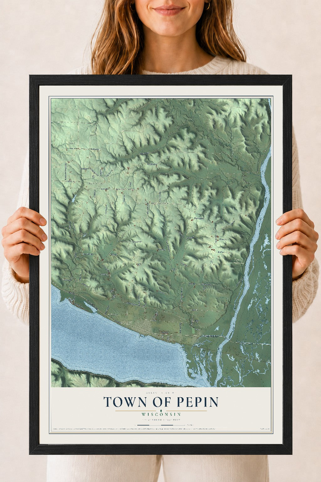 Map of the Town of Pepin, Wisconsin, 18 x 24 inch print in a black wood frame