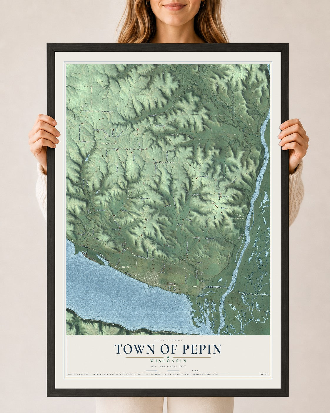 Map of the Town of Pepin, Wisconsin, 24 x 36 inch print in a black wood frame