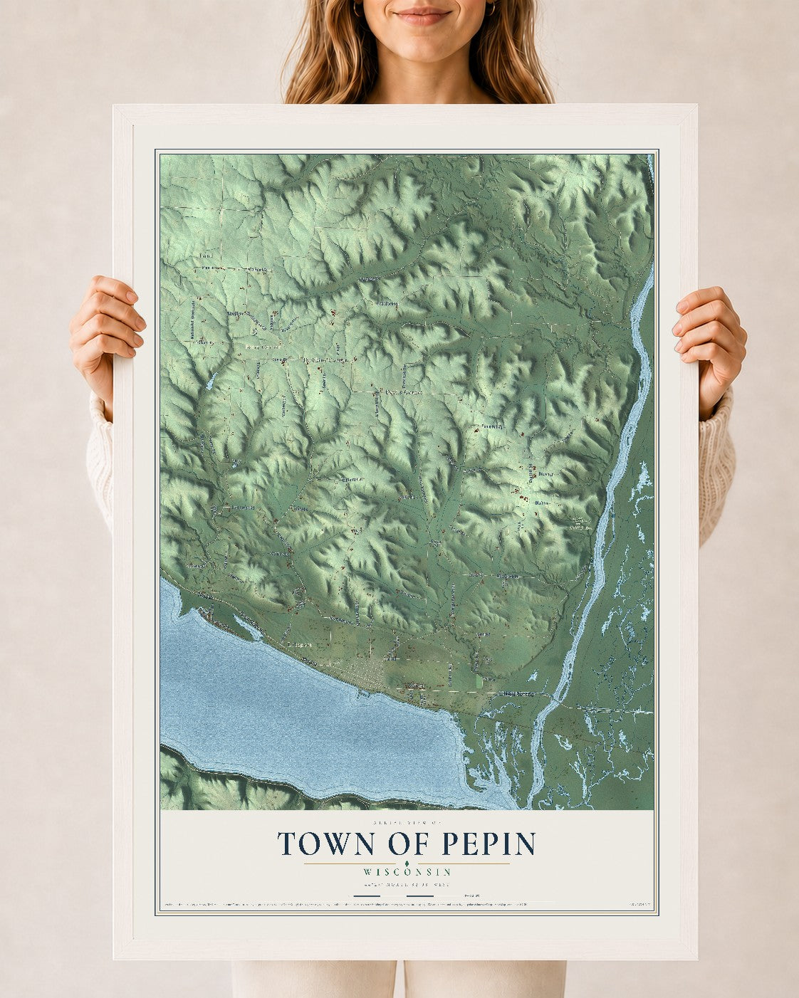 Map of the Town of Pepin, Wisconsin, 24 x 36 inch print in a white wood frame