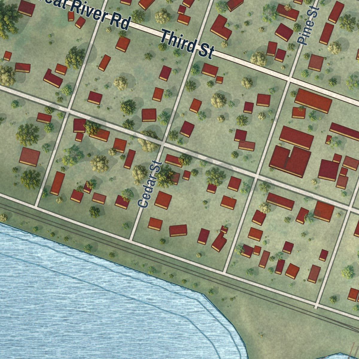 Second close-up of the map of Pepin, Wisconsin print showing more streets and buildings