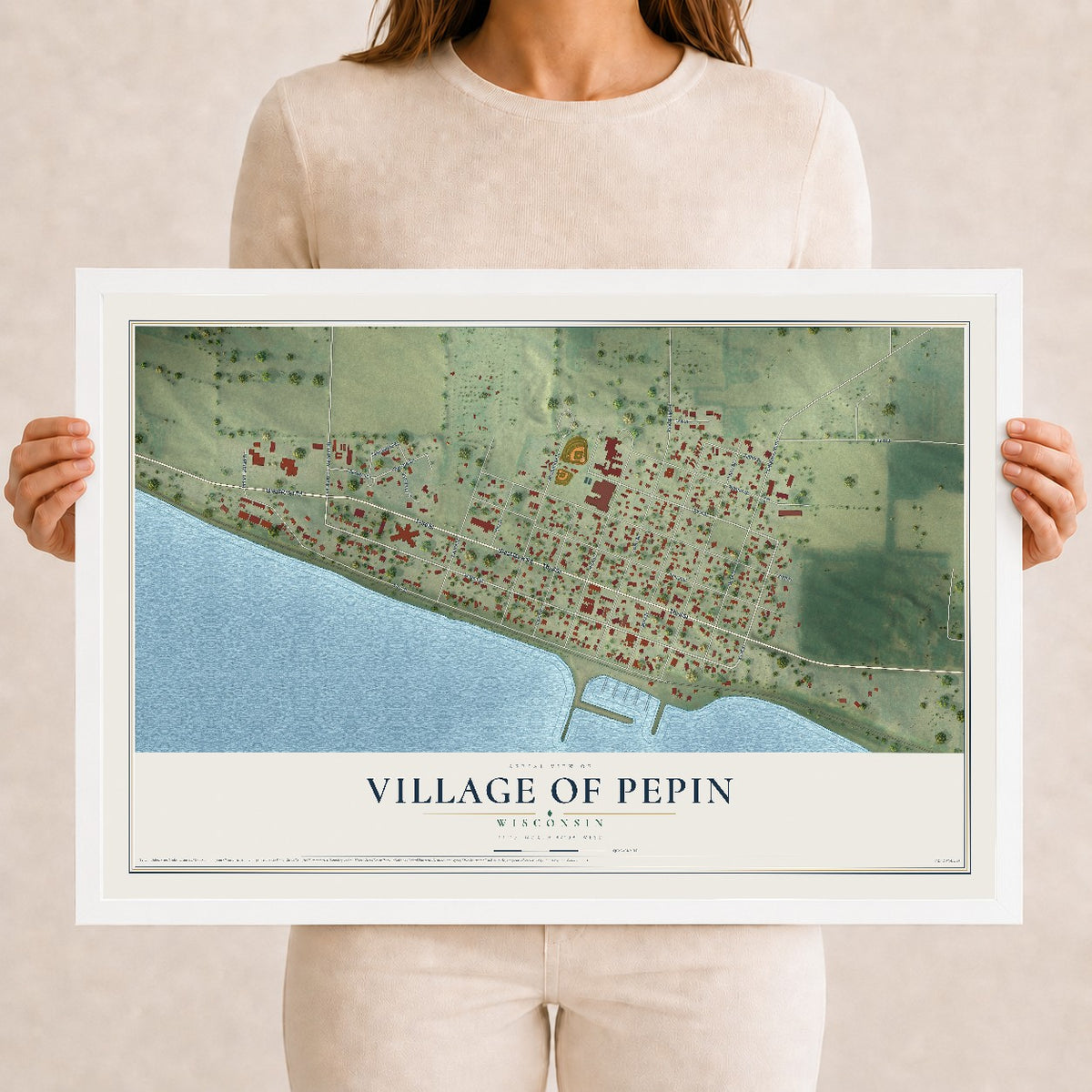 Map of Pepin, Wisconsin, 12 x 18 inch print in a white wood frame