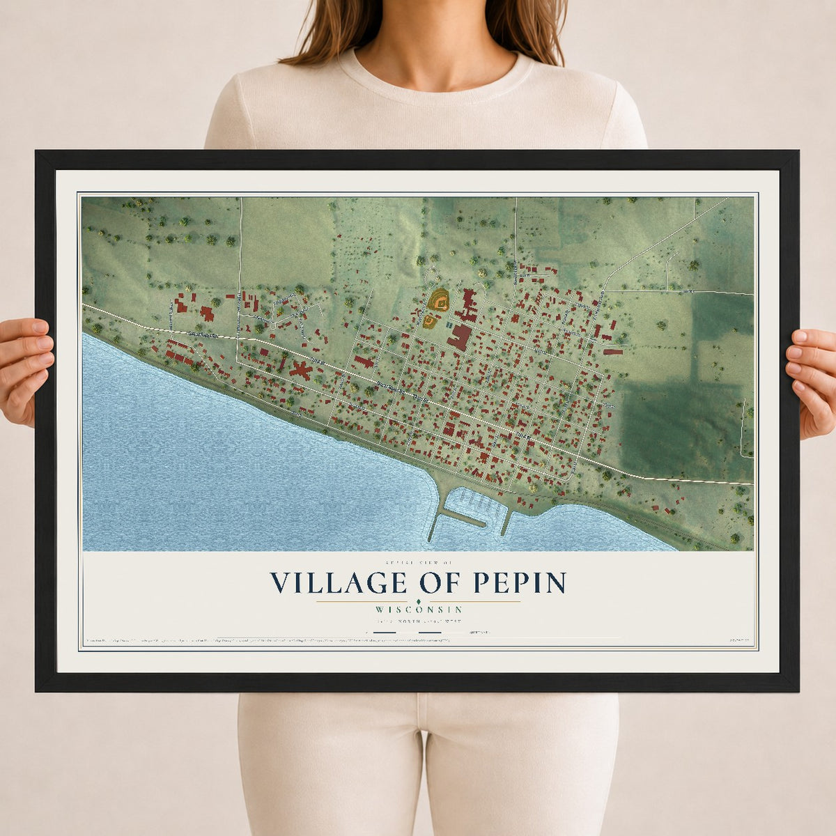 Map of Pepin, Wisconsin, 18 x 24 inch print in a black wood frame
