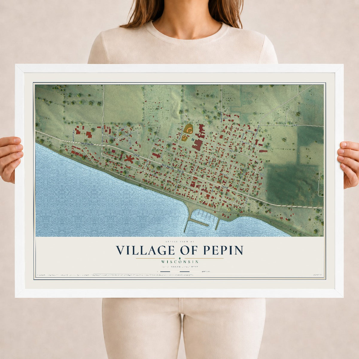 Map of Pepin, Wisconsin, 18 x 24 inch print in a white wood frame
