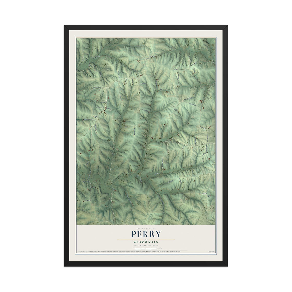 Map of Perry, Wisconsin, 12 x 18 inch print in a black wood frame