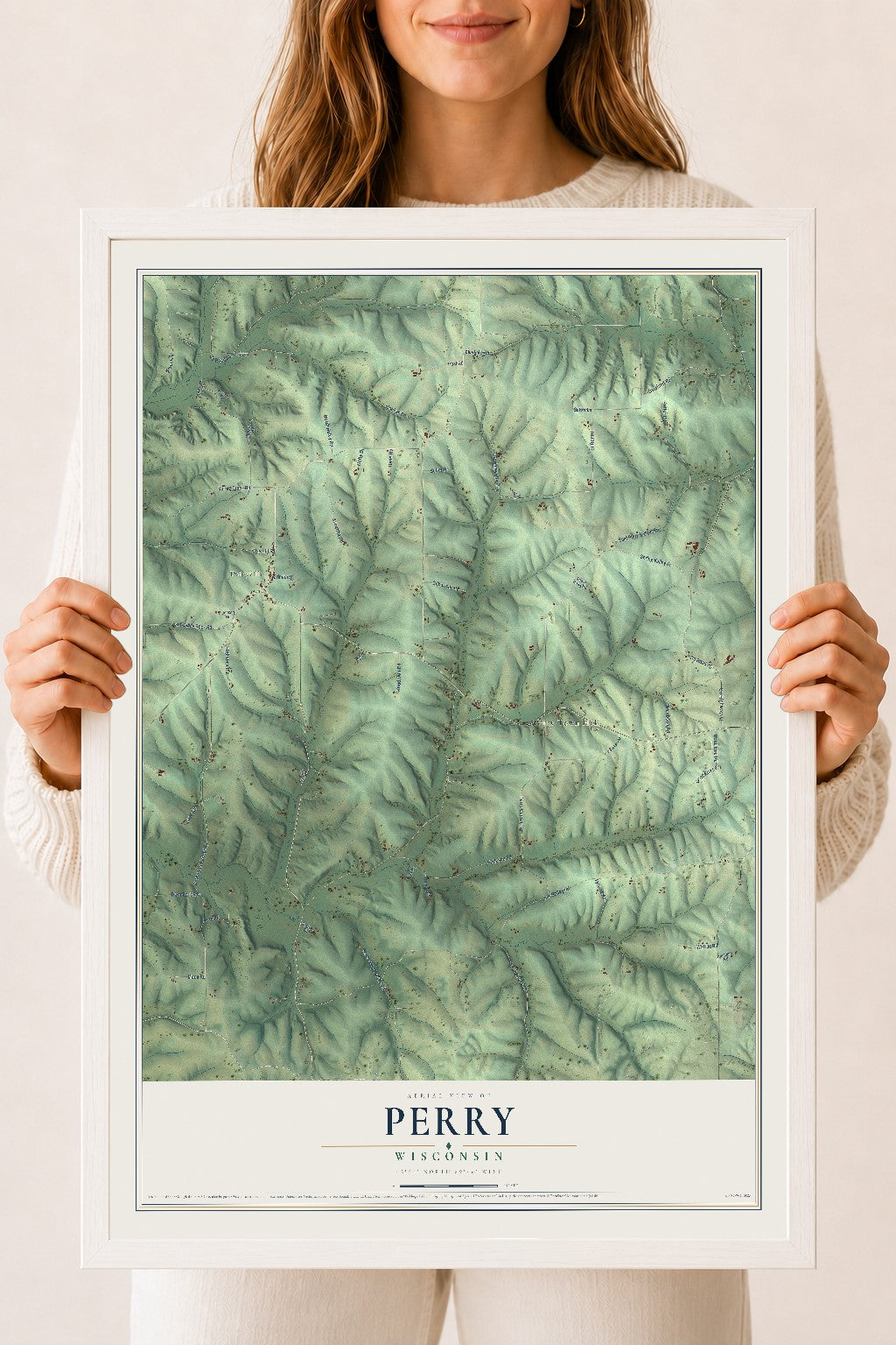 Map of Perry, Wisconsin, 18 x 24 inch print in a white wood frame
