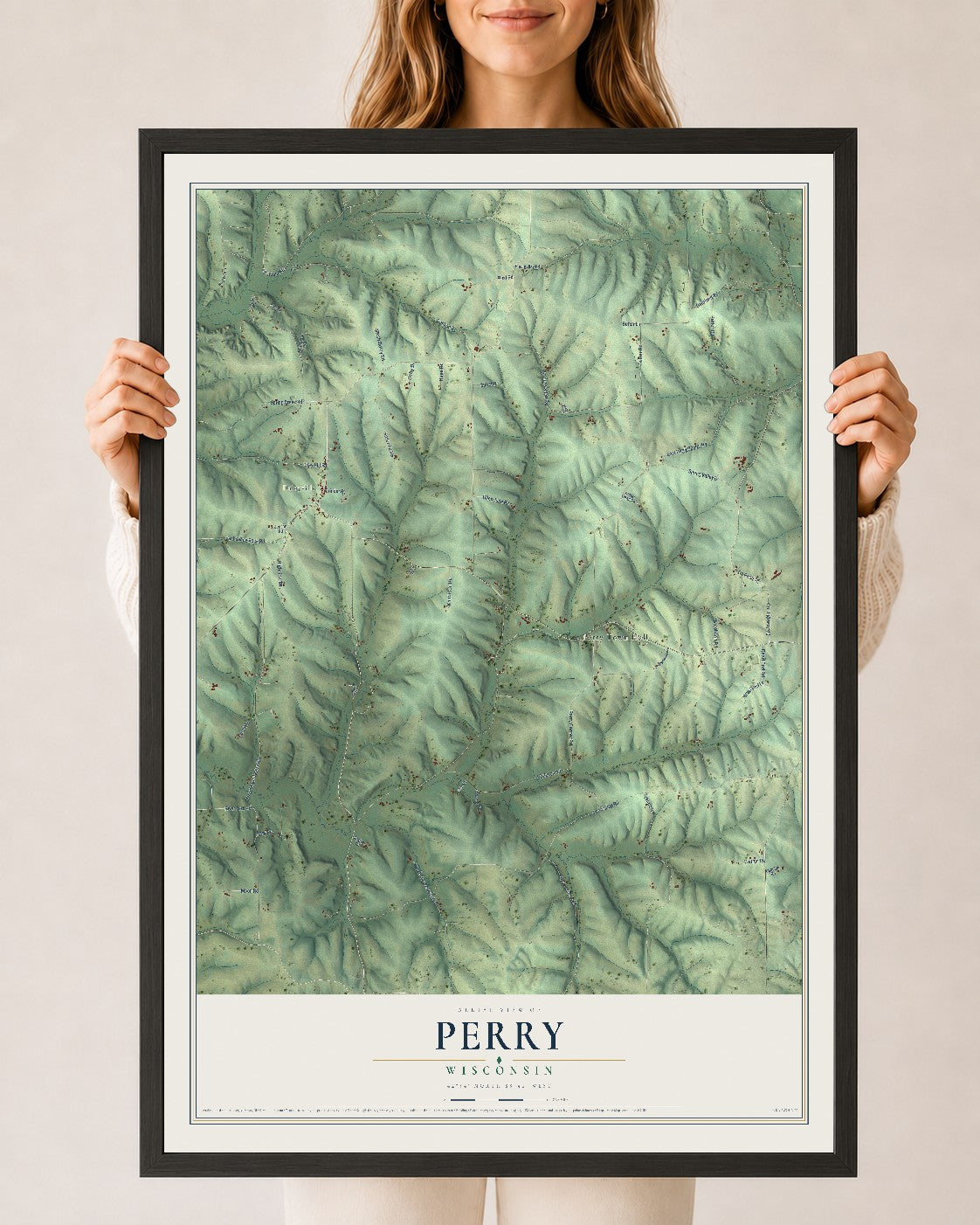 Map of Perry, Wisconsin, 24 x 36 inch print in a black wood frame