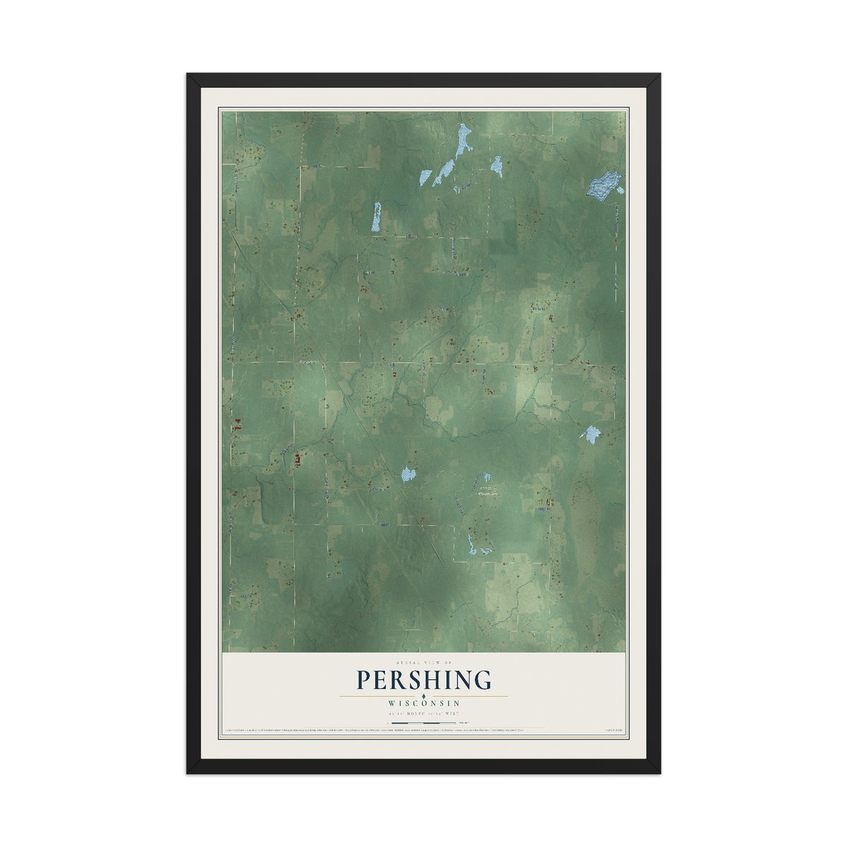 Map of Pershing, Wisconsin, 12 x 18 inch print in a black wood frame