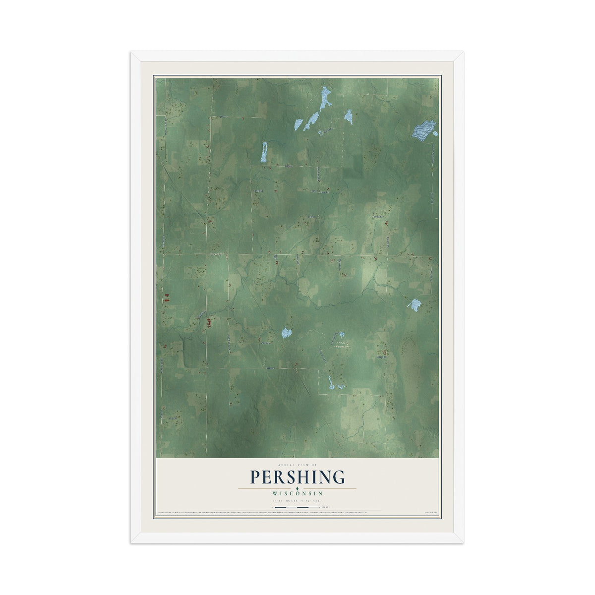 Map of Pershing, Wisconsin, 12 x 18 inch print in a white wood frame