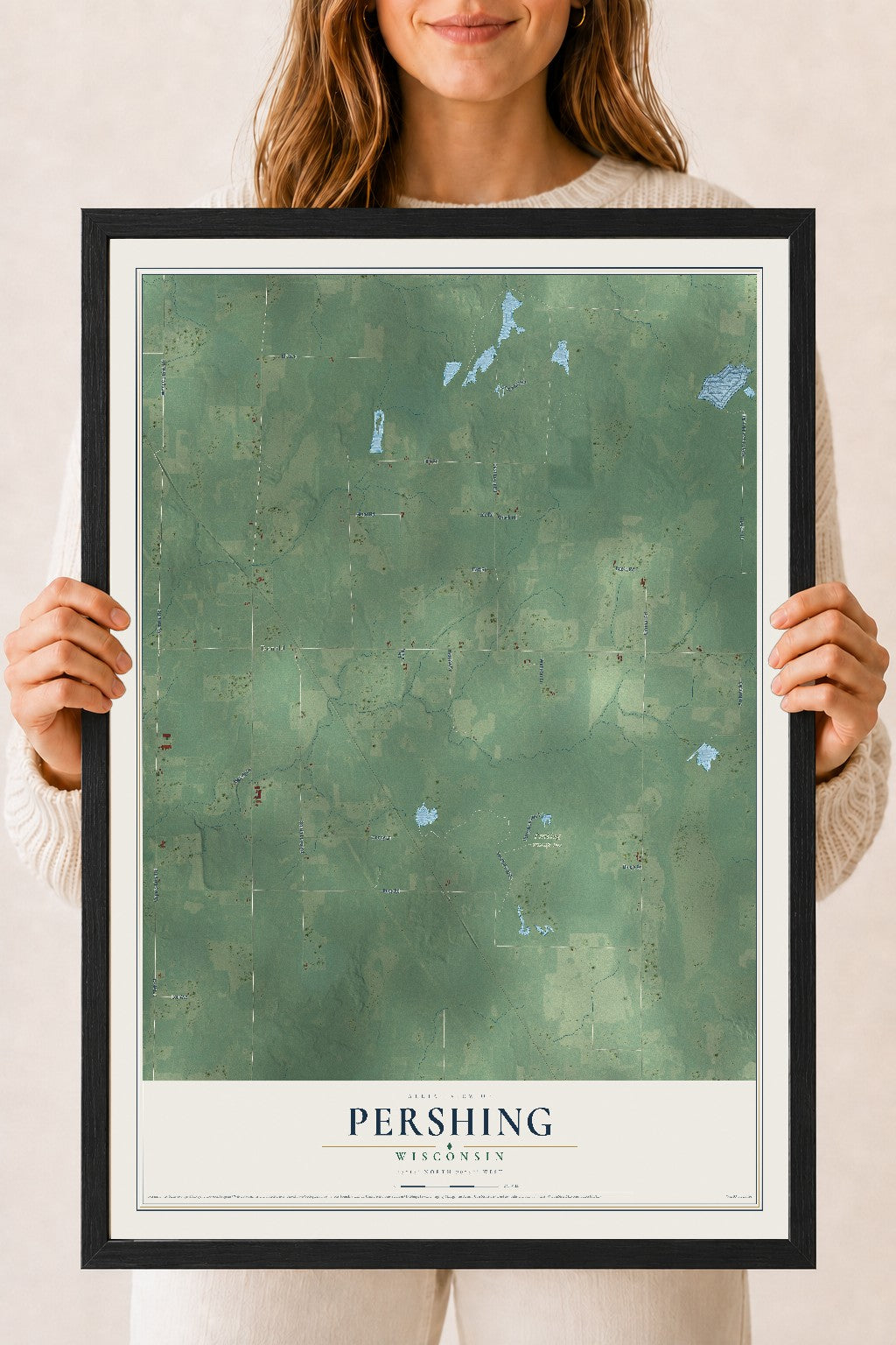 Map of Pershing, Wisconsin, 18 x 24 inch print in a black wood frame