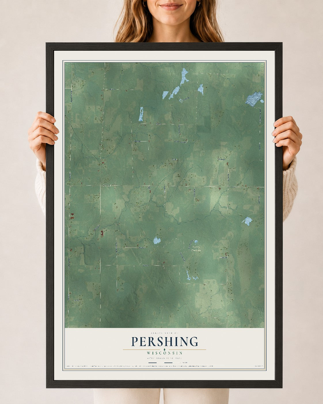Map of Pershing, Wisconsin, 24 x 36 inch print in a black wood frame