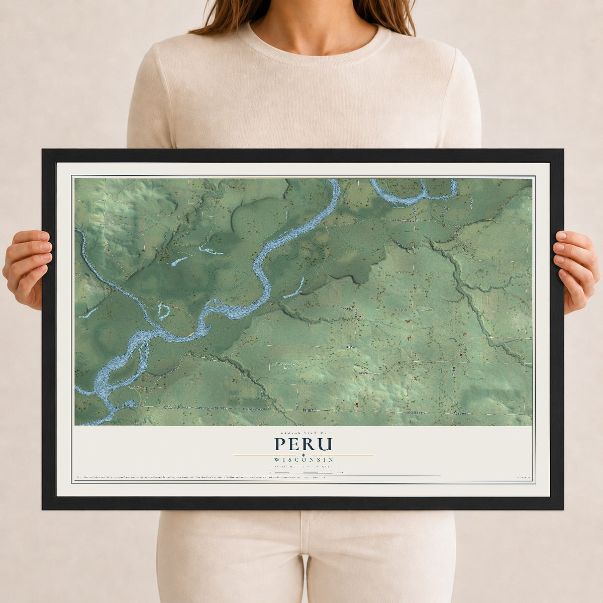 Map of Peru, Wisconsin, 12 x 18 inch print in a black wood frame