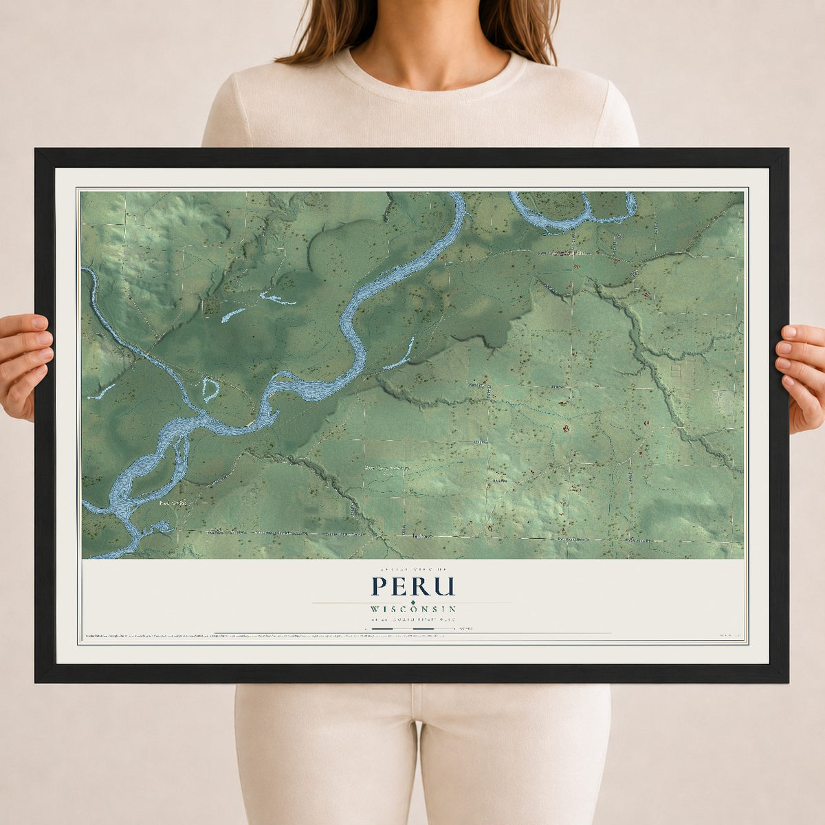 Map of Peru, Wisconsin, 18 x 24 inch print in a black wood frame
