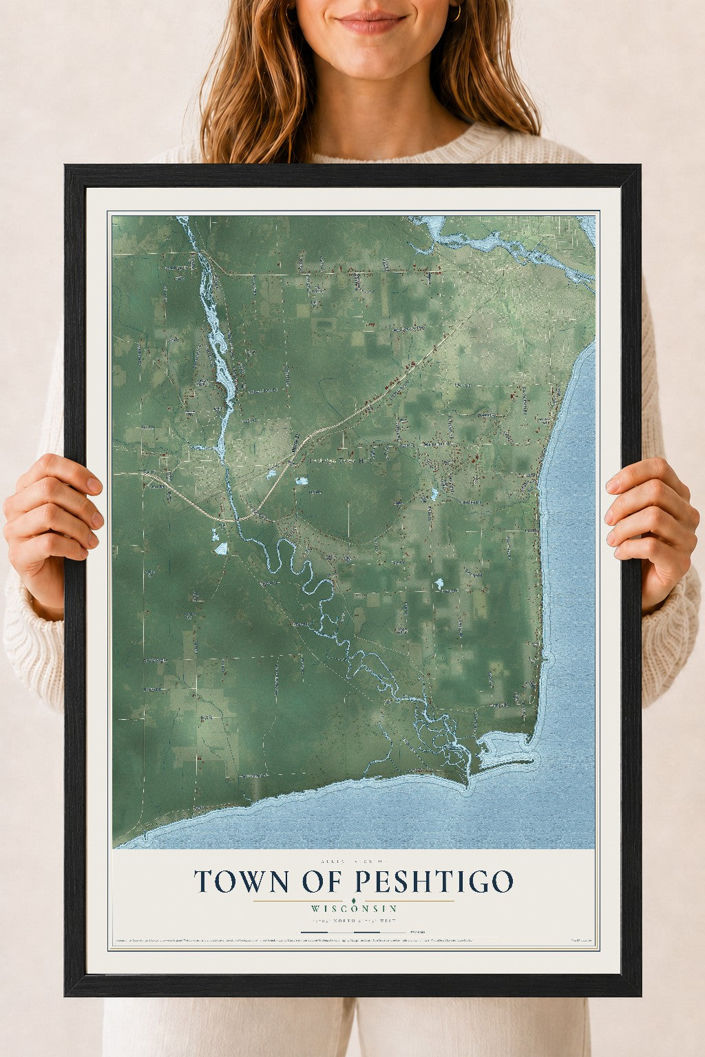Map of the Town of Peshtigo, Wisconsin, 18 x 24 inch print in a black wood frame