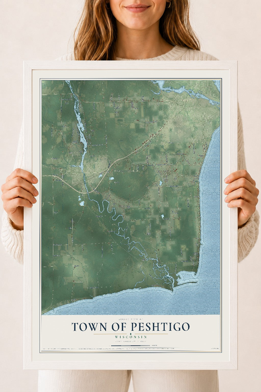 Map of the Town of Peshtigo, Wisconsin, 18 x 24 inch print in a white wood frame