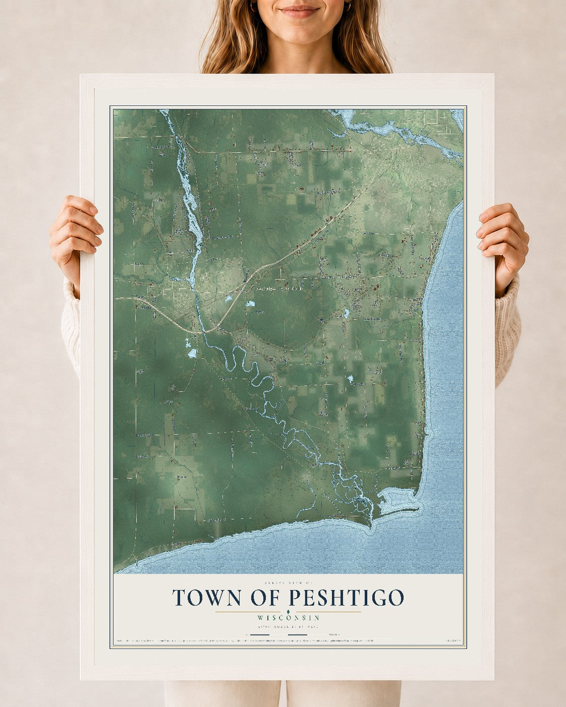 Map of the Town of Peshtigo, Wisconsin, 24 x 36 inch print in a white wood frame