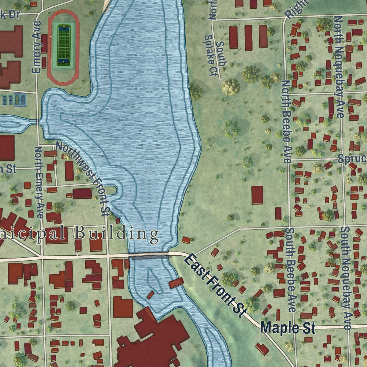 Close-up of the map of Peshtigo, Wisconsin print showing street and building detail