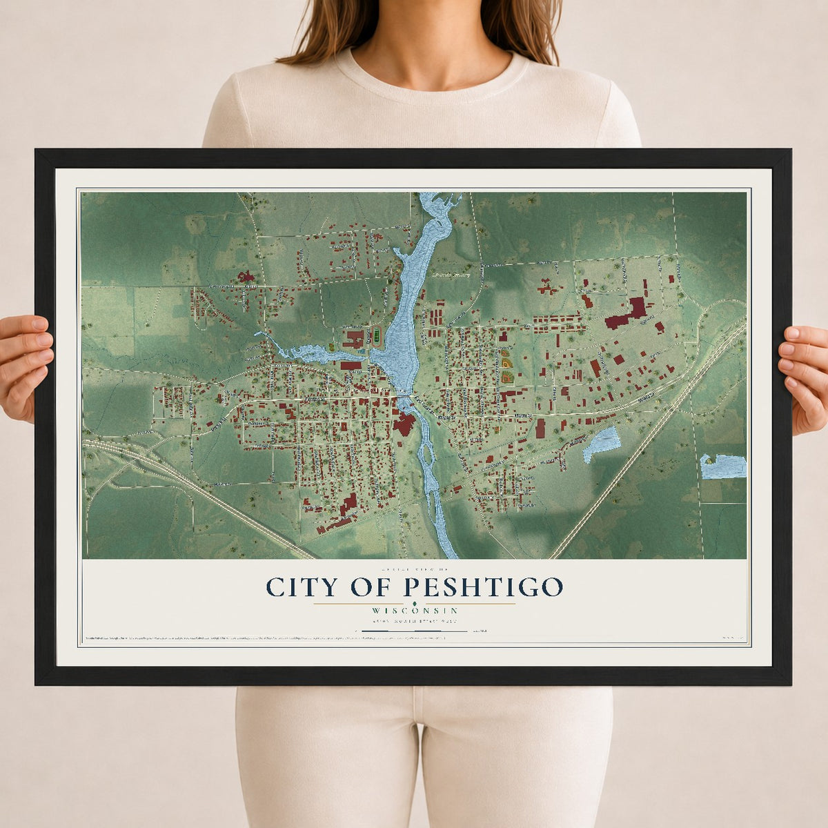 Map of Peshtigo, Wisconsin, 18 x 24 inch print in a black wood frame