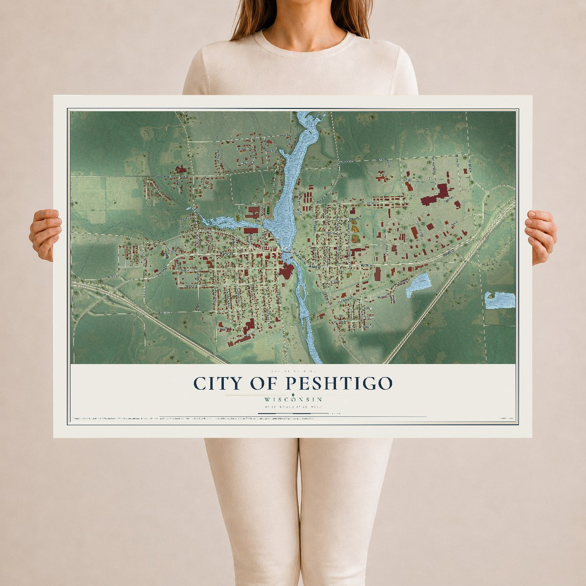 Map of Peshtigo, Wisconsin, 24 x 36 inch unframed archival matte print