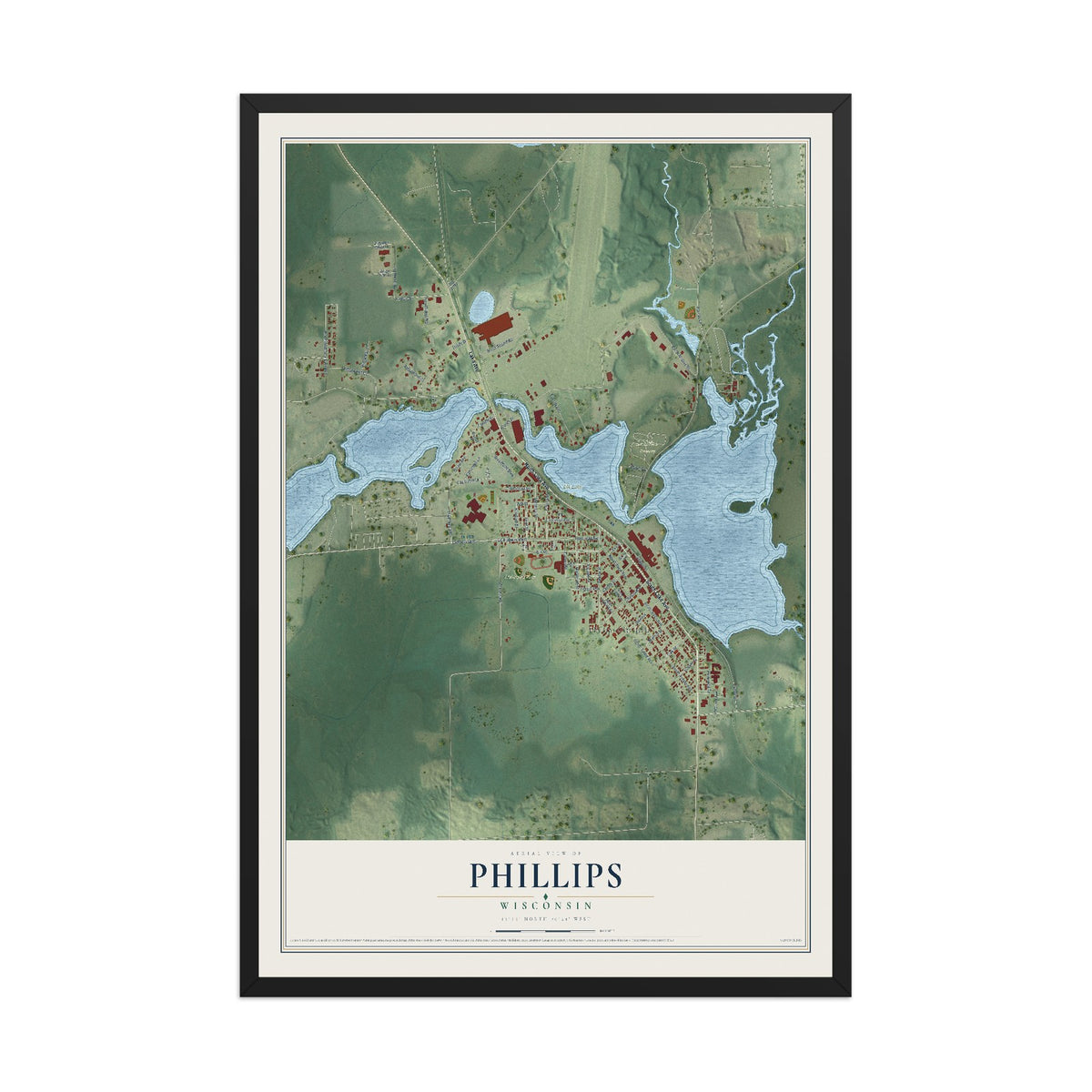 Map of Phillips, Wisconsin, 12 x 18 inch print in a black wood frame