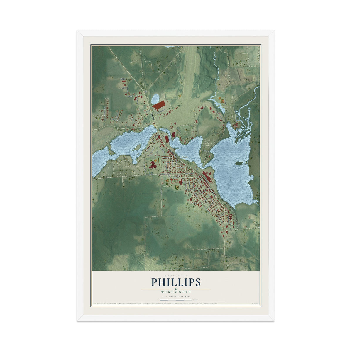 Map of Phillips, Wisconsin, 12 x 18 inch print in a white wood frame