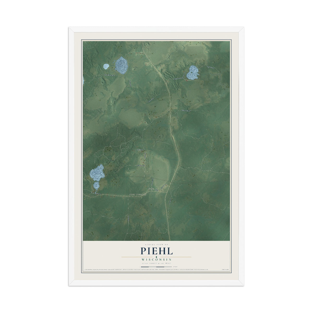 Map of Piehl, Wisconsin, 12 x 18 inch print in a white wood frame