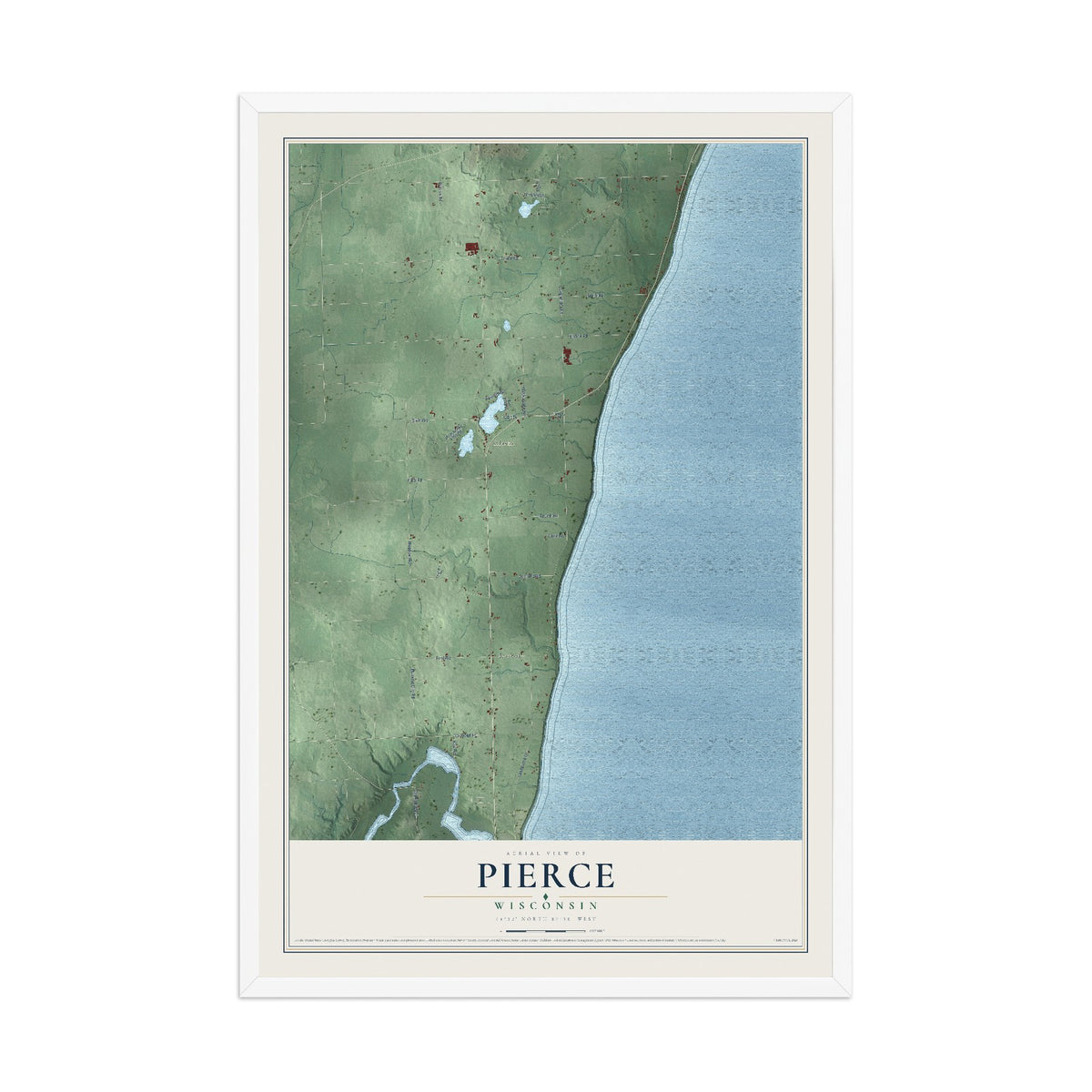 Map of Pierce, Wisconsin, 12 x 18 inch print in a white wood frame