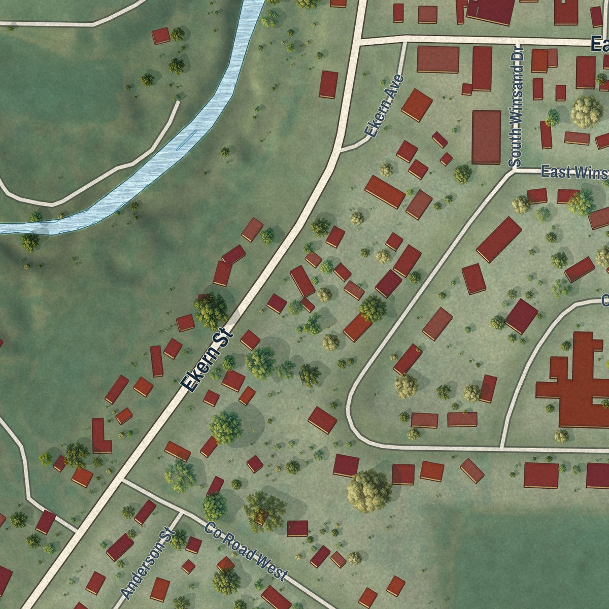 Close-up of the map of Pigeon Falls, Wisconsin print showing street and building detail