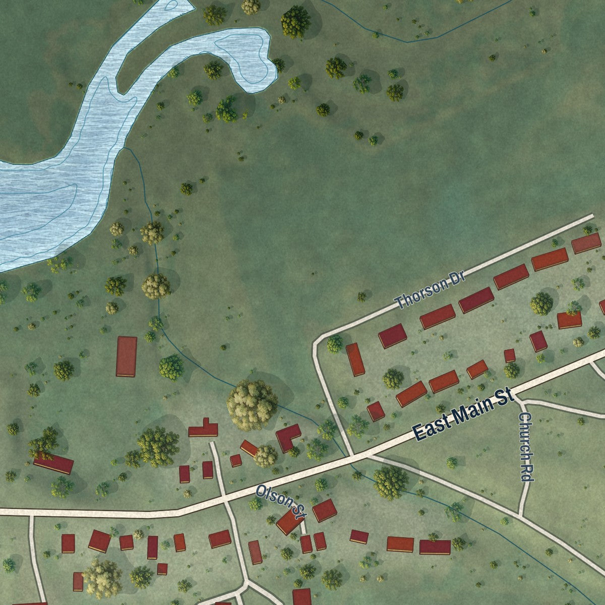 Second close-up of the map of Pigeon Falls, Wisconsin print showing more streets and buildings