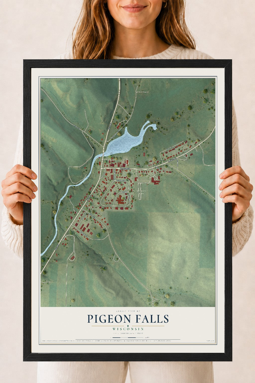Map of Pigeon Falls, Wisconsin, 18 x 24 inch print in a black wood frame