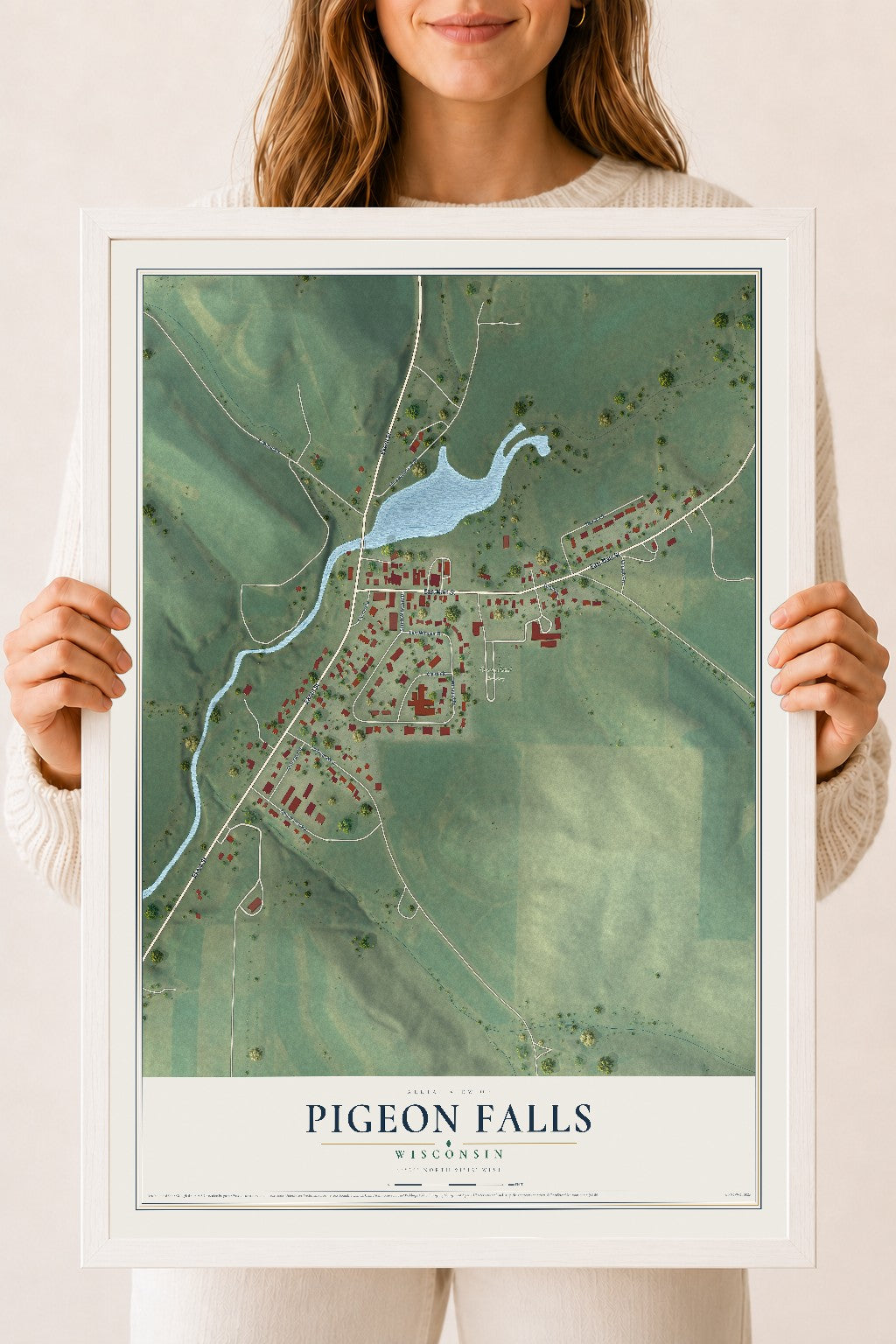 Map of Pigeon Falls, Wisconsin, 18 x 24 inch print in a white wood frame