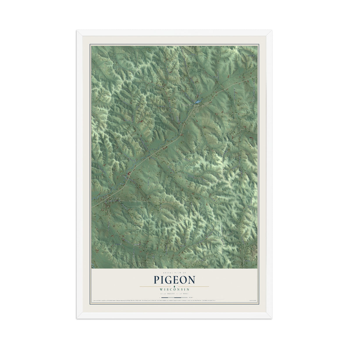 Map of Pigeon, Wisconsin, 12 x 18 inch print in a white wood frame