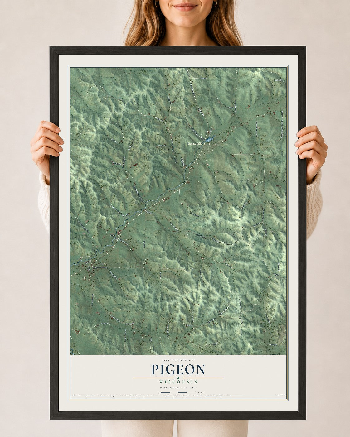 Map of Pigeon, Wisconsin, 24 x 36 inch print in a black wood frame