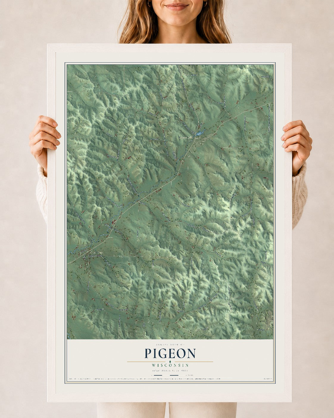 Map of Pigeon, Wisconsin, 24 x 36 inch print in a white wood frame