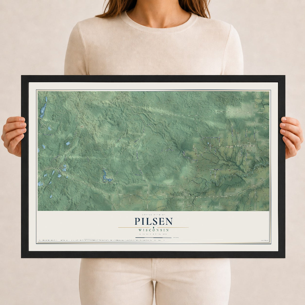 Map of Pilsen, Wisconsin, 12 x 18 inch print in a black wood frame