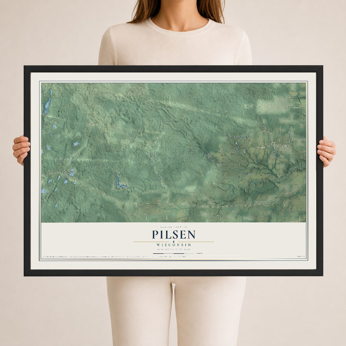 Map of Pilsen, Wisconsin, 24 x 36 inch print in a black wood frame