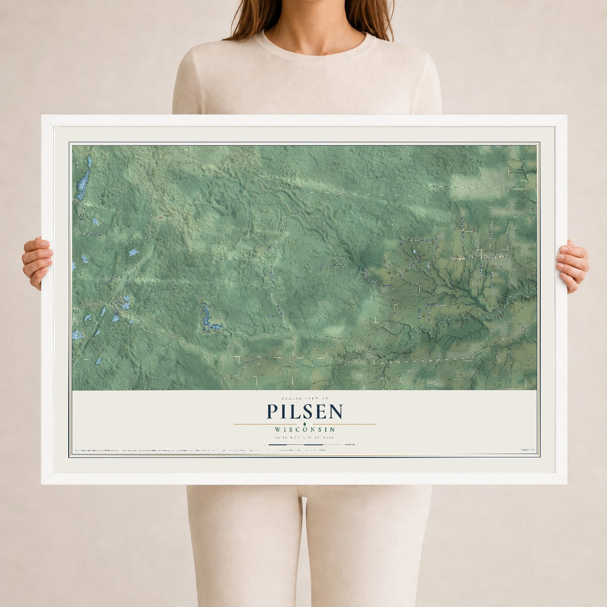 Map of Pilsen, Wisconsin, 24 x 36 inch print in a white wood frame