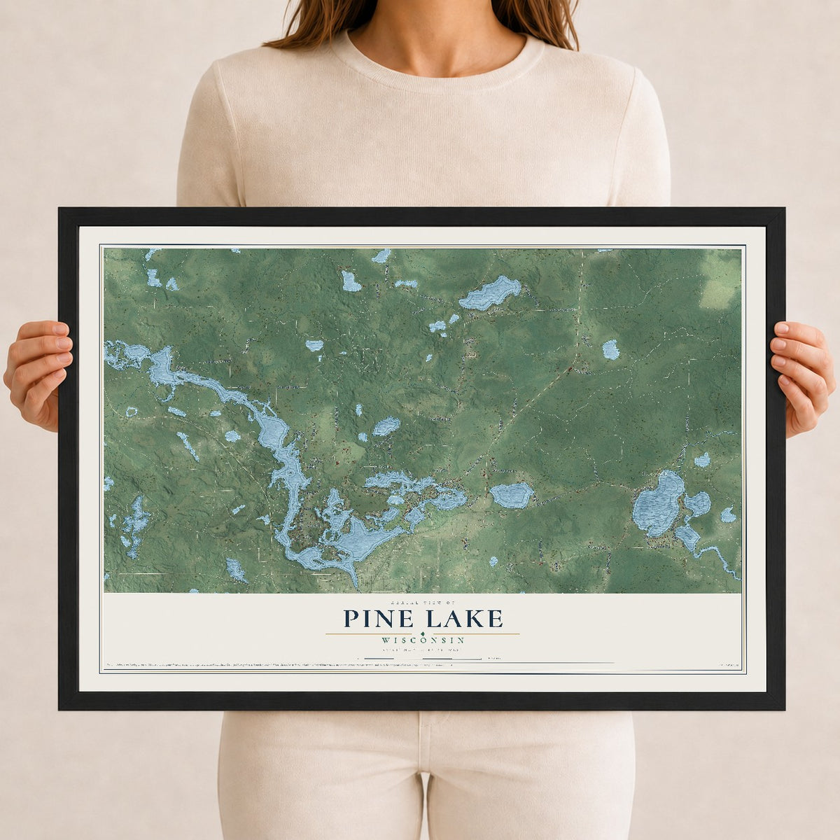 Map of Pine Lake, Wisconsin, 12 x 18 inch print in a black wood frame