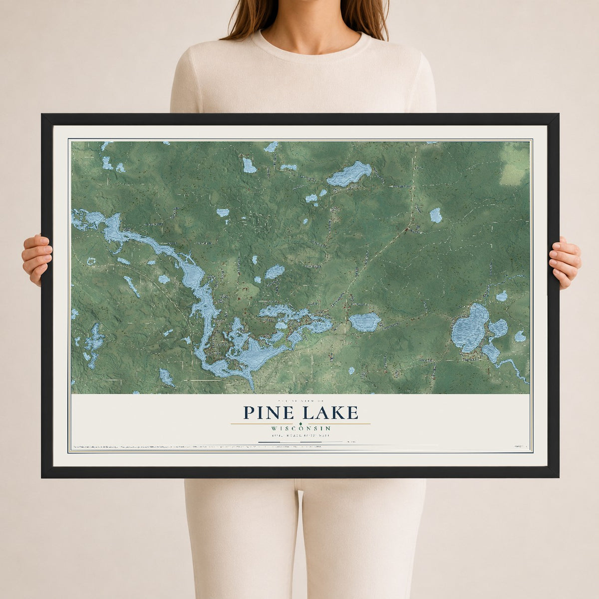 Map of Pine Lake, Wisconsin, 24 x 36 inch print in a black wood frame