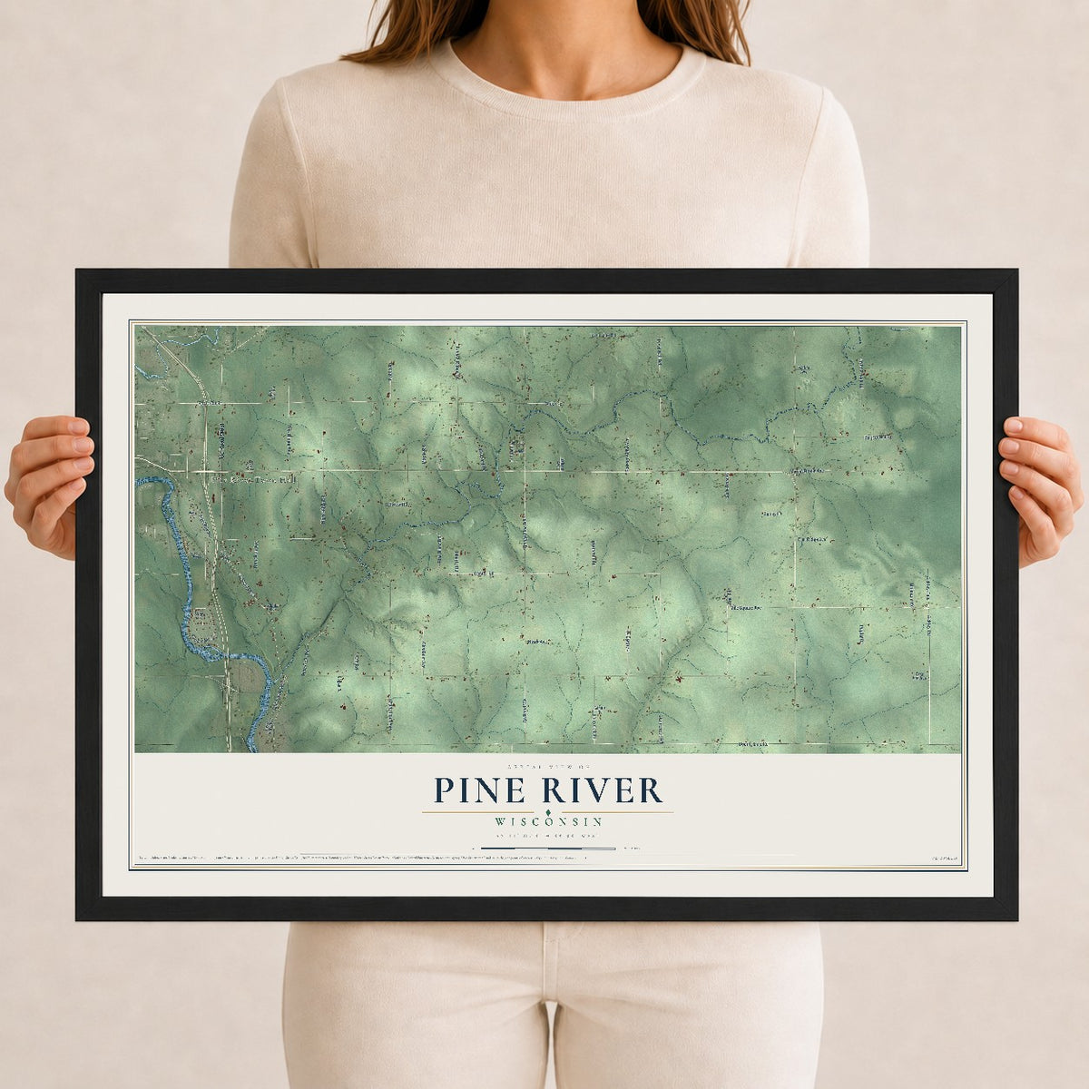 Map of Pine River, Wisconsin, 12 x 18 inch print in a black wood frame