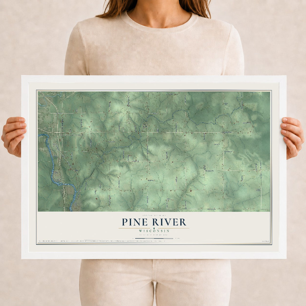 Map of Pine River, Wisconsin, 12 x 18 inch print in a white wood frame