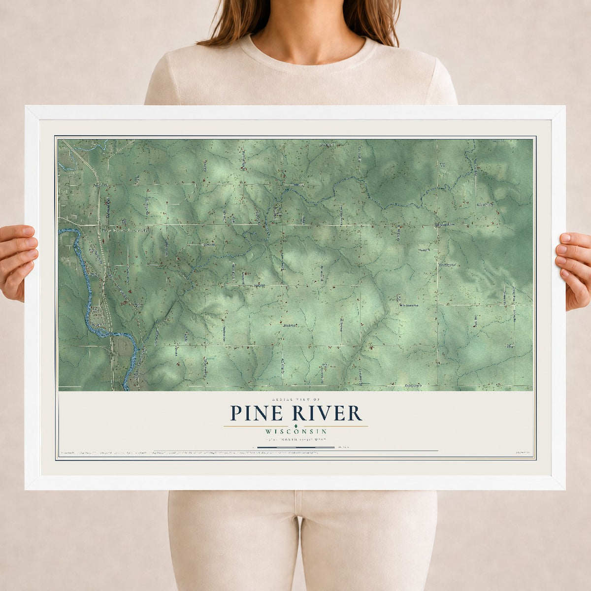Map of Pine River, Wisconsin, 18 x 24 inch print in a white wood frame