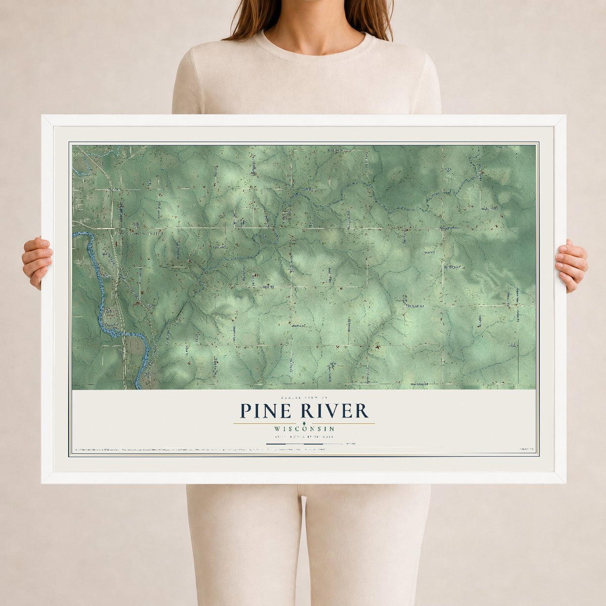 Map of Pine River, Wisconsin, 24 x 36 inch print in a white wood frame