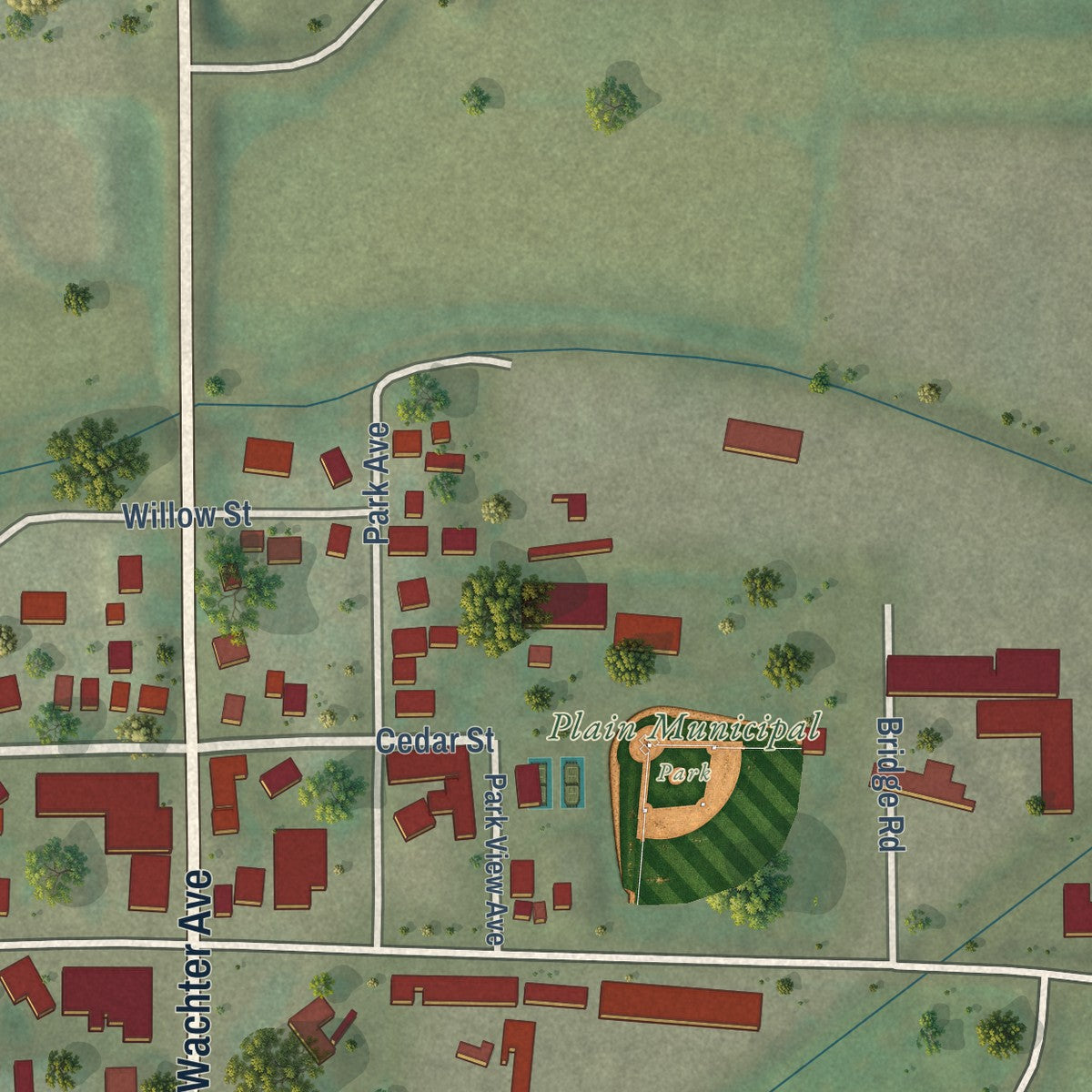 Second close-up of the map of Plain, Wisconsin print showing more streets and buildings