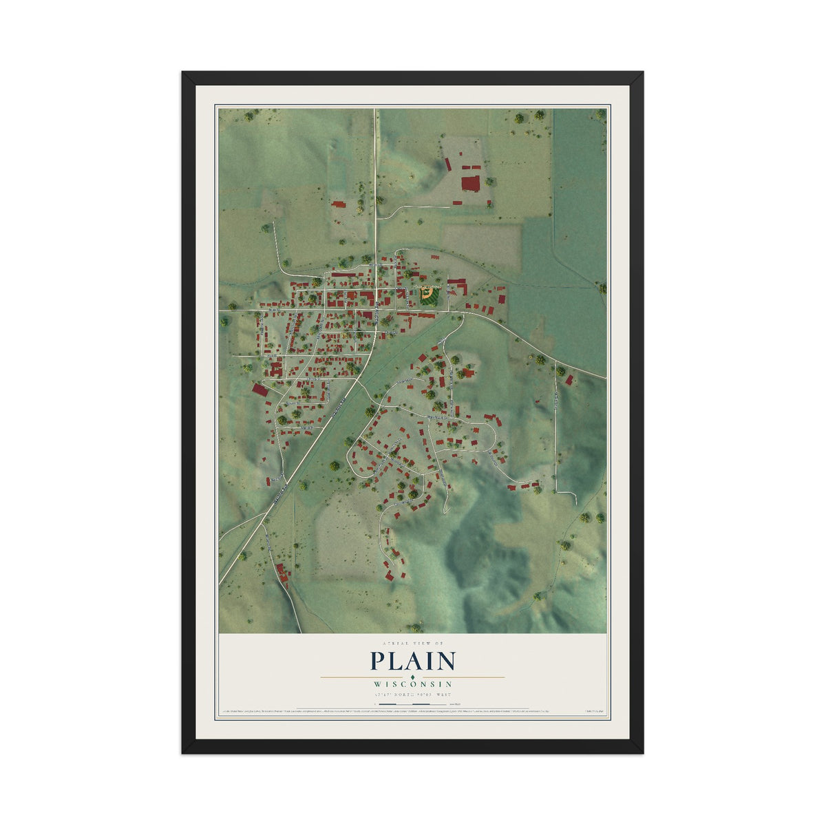Map of Plain, Wisconsin, 12 x 18 inch print in a black wood frame