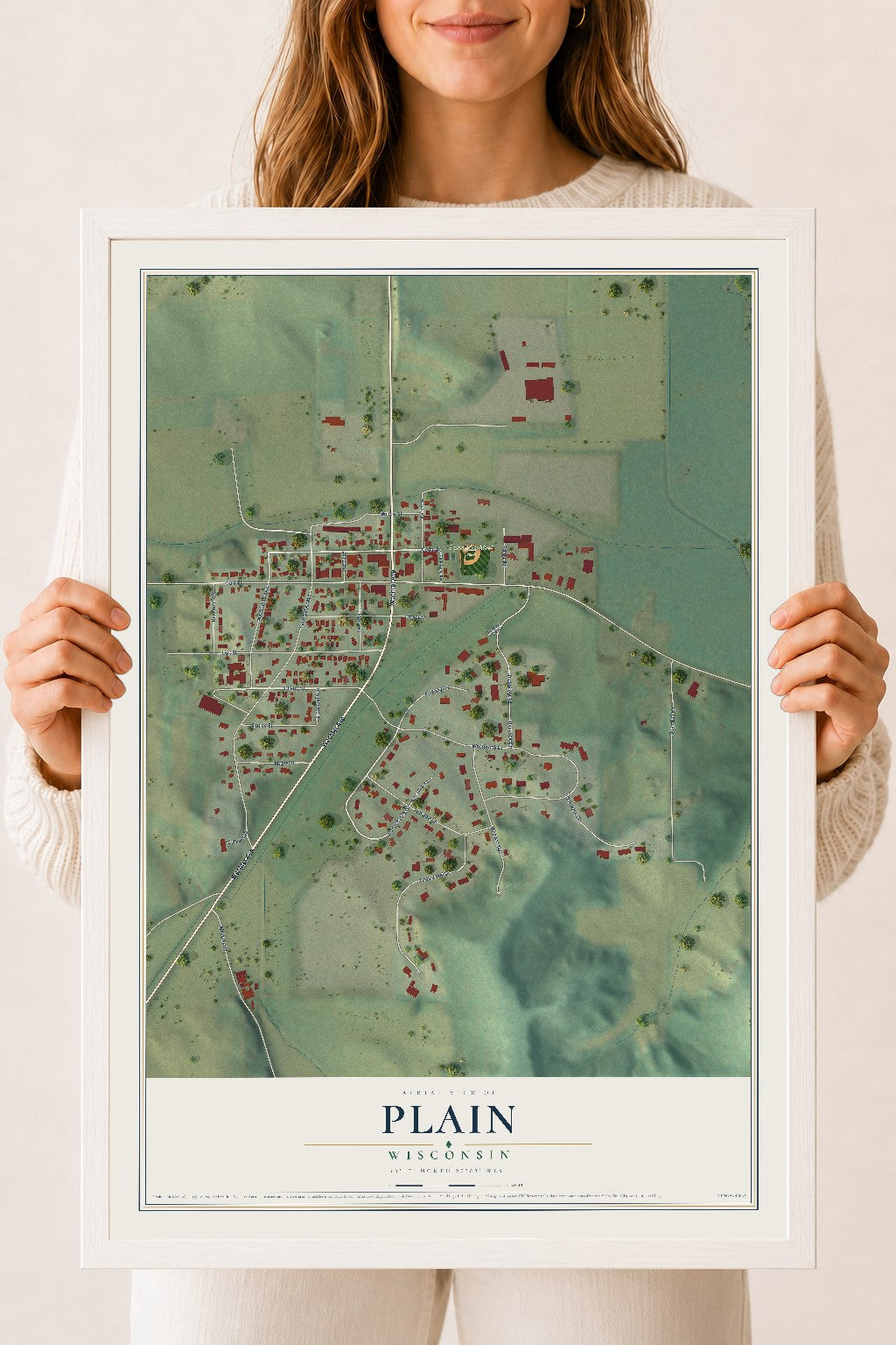 Map of Plain, Wisconsin, 18 x 24 inch print in a white wood frame