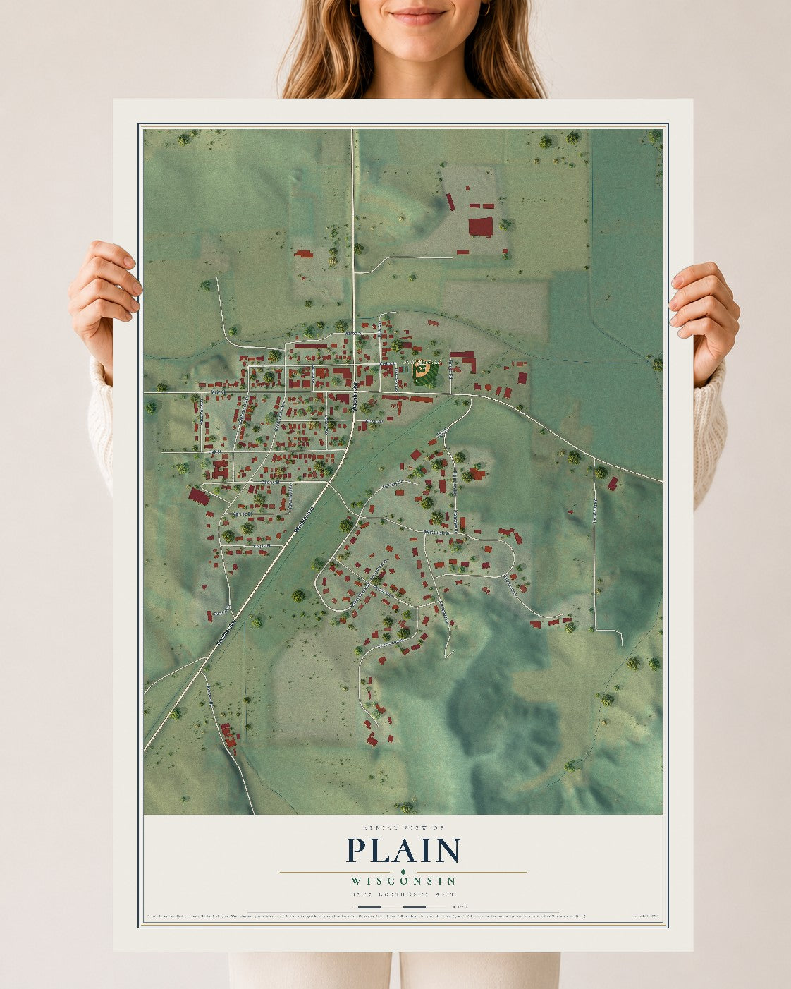 Map of Plain, Wisconsin, 24 x 36 inch unframed archival matte print