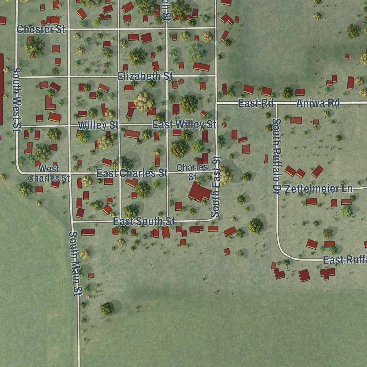 Second close-up of the map of Plainfield, Wisconsin print showing more streets and buildings