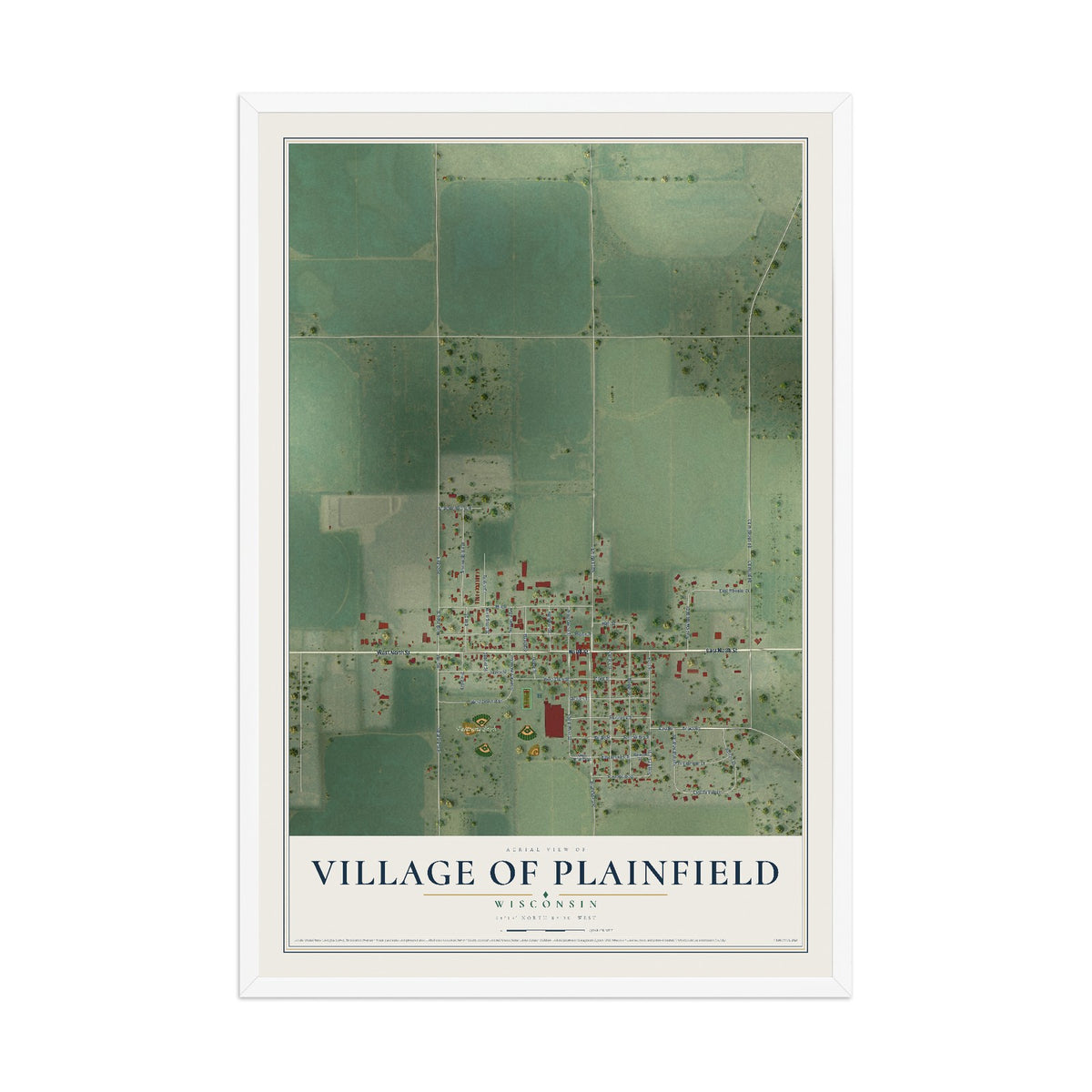 Map of Plainfield, Wisconsin, 12 x 18 inch print in a white wood frame