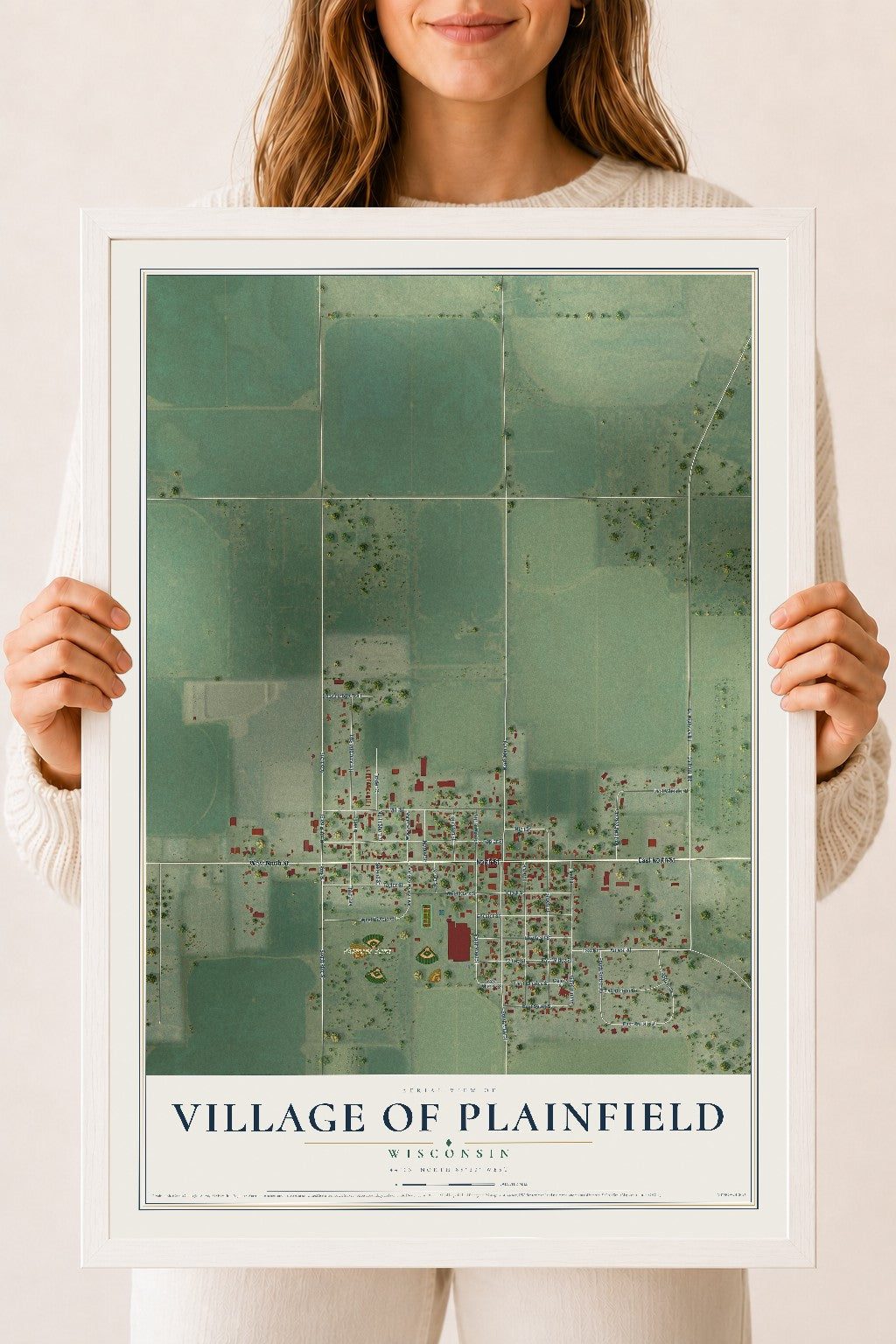 Map of Plainfield, Wisconsin, 18 x 24 inch print in a white wood frame