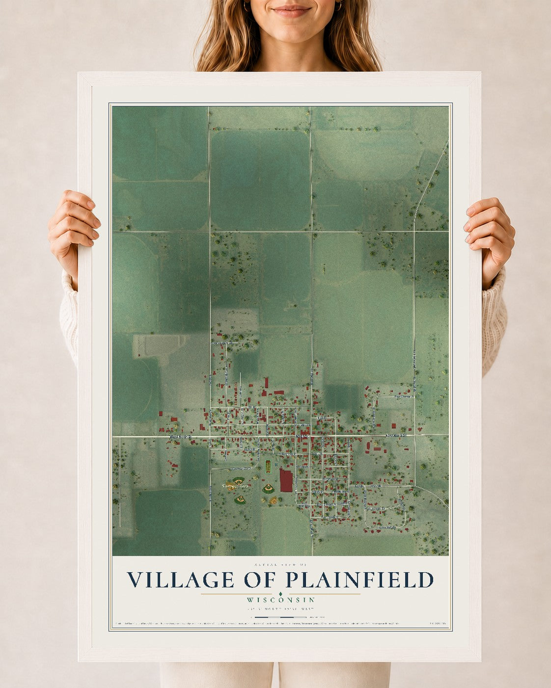 Map of Plainfield, Wisconsin, 24 x 36 inch print in a white wood frame